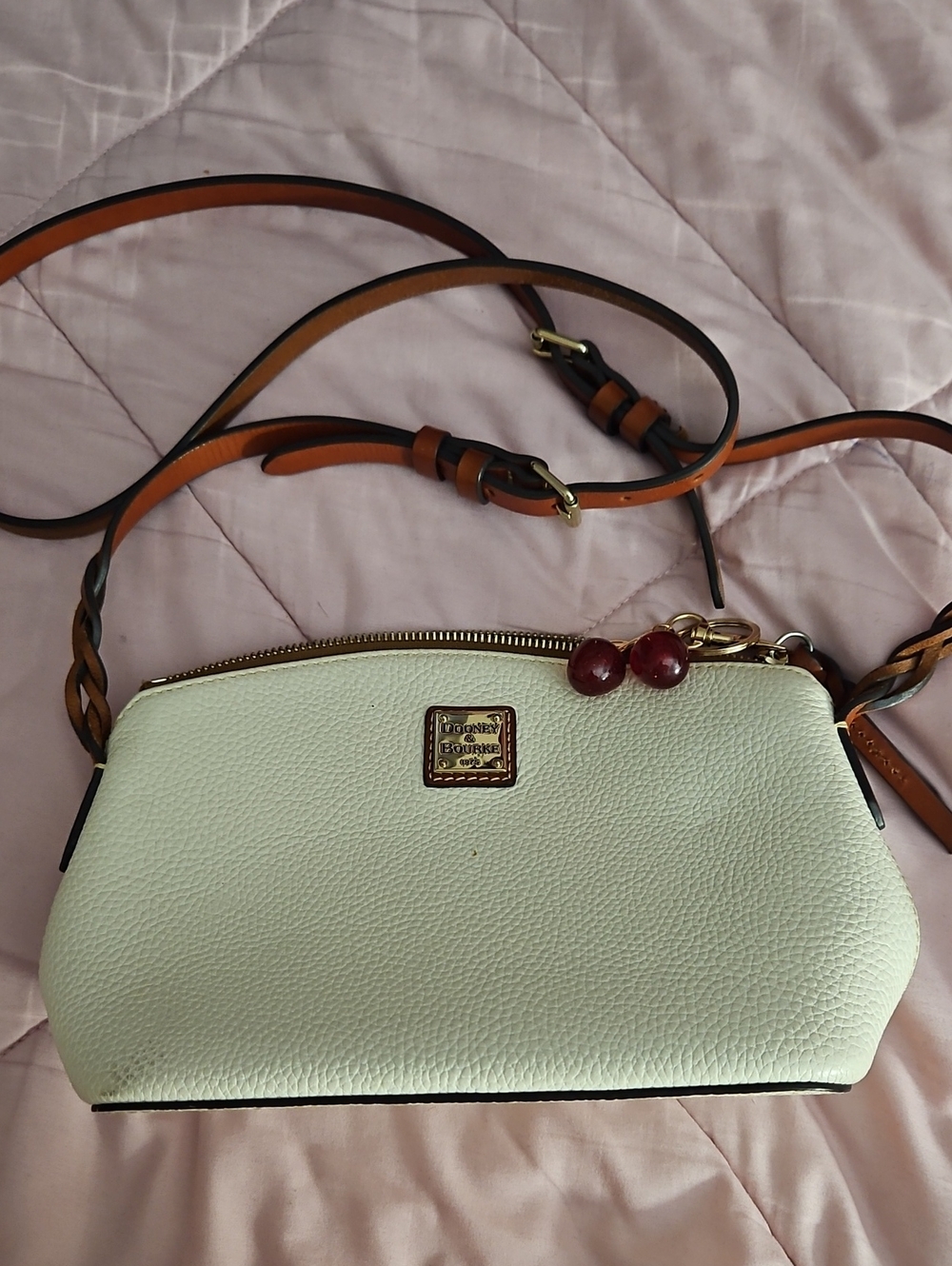 Dooney & Bourke Cream Pebble Leather Crossbody with Tan Strap